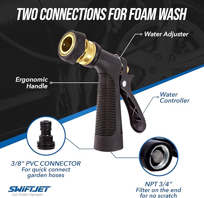 SwiftJet Car Wash Foam Gun + Microfiber Wash Mitt - Foam Cannon Works with Any Soap - Garden Hose Car Foam Sprayer - Car Wash Kit - Car Accessories Foam Blaster (Blue Foam Gun with Mitt)