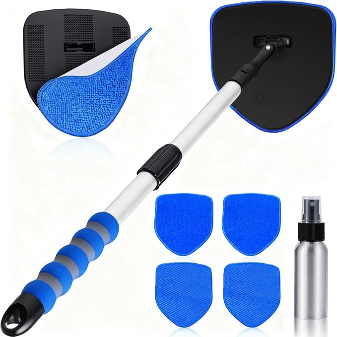 XINDELL Windshield Cleaner Tool, Car Interior Glass Cleaning Kit with 360° Rotating Head and Extendable Handle, Reusable Microfiber Pads, Auto Detailing Windshield Cleaning Tool for Cars Trucks - Blue