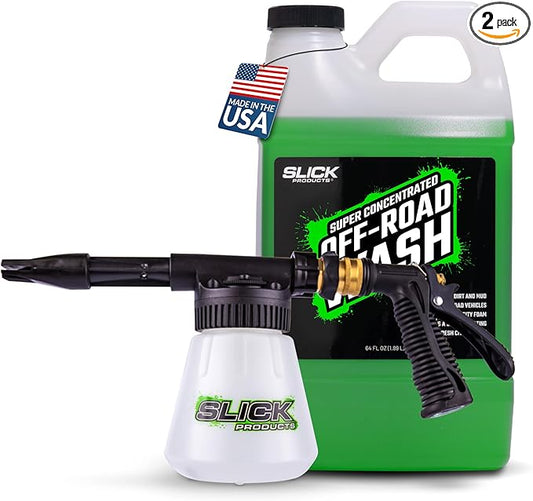 Slick Products Off-Road Wash (64 oz.) + Garden Hose Foam Gun Bundle – Super Concentrated ATV, UTV, Dirt Bike, Truck & Jeep Wash Foam Shampoo for Heavy Dirt and Mud