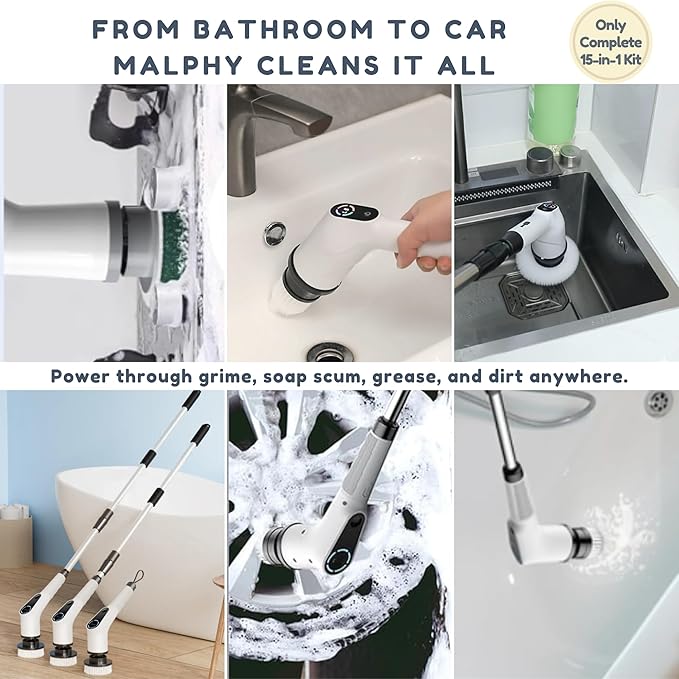 15-in-1 Electric Scrub Brush Cordless, Power Scrubber for Bathroom Tile Grout Cleaning, Waterproof Cleaning Brush with Extension Handle, 3 Speed Electric Cleaning Tools - Malphy