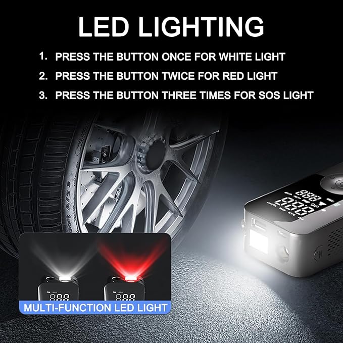 Tire Inflator Portable Air Compressor, Model 3 Y S X Accessories, Cordless Rechargeable Automatic Tire Pump, Multipurpose Tire Pressurizer with Emergency Light