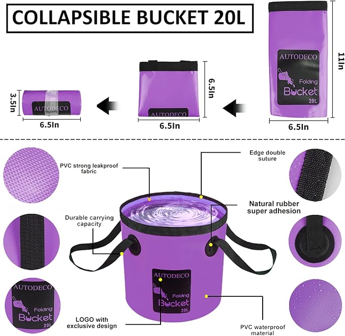 AUTODECO 22Pcs Car Wash Cleaning Tools Kit Car Detailing Set with Canvas Bag Purple Collapsible Bucket Wash Mitt Sponge Towels Tire Brush Window Scraper Duster Complete Interior Car Care Kit