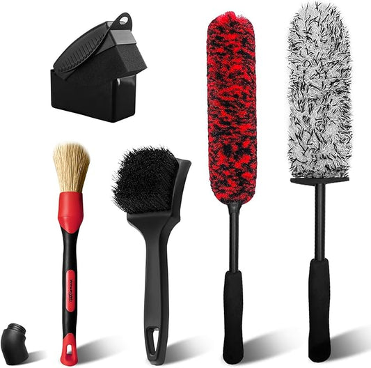 YeewayVeh Wheel Cleaning Kit, 5Pack Bendable Wheel Cleaning Brush and Microfiber Rim Cleaner Brush, Tire Dressing Applicator and Car Detailing Brush for Wheel Care and Cleaning Kit, Red