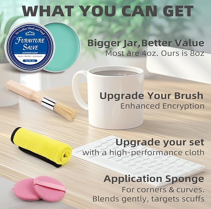 STARTSO WORLD Furniture Salve for Leather, Wood & Vinyl - Natural Polish, Conditioner & Restorer for Couches, Tables & Furniture - All-in-One Repair Salve with Applicator Brush - 8OZ