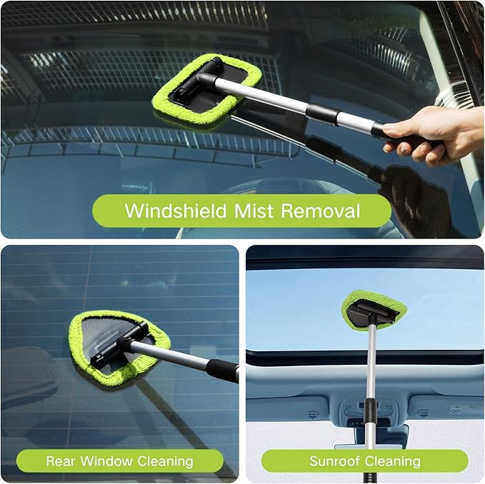 11pcs Windshield Cleaner Tool, Car Window Cleaning Wash Kit with 6 Reusable Microfiber Pads 2 Spray Bottles and Extendable Handles Auto Glass Wiper Kit, Green