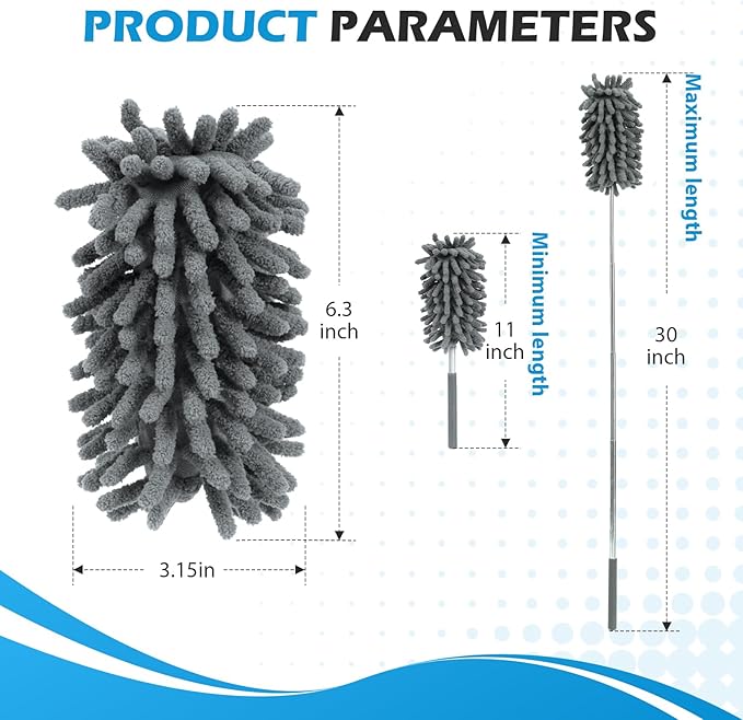12 Pack High Duster with Extension Pole, Reusable & Washable Feather Duster, Microfiber Dusters for Cleaning for Ceiling Fan, Sofas, Ceiling, Car, Cabinet, Furniture, Blind(Gray)