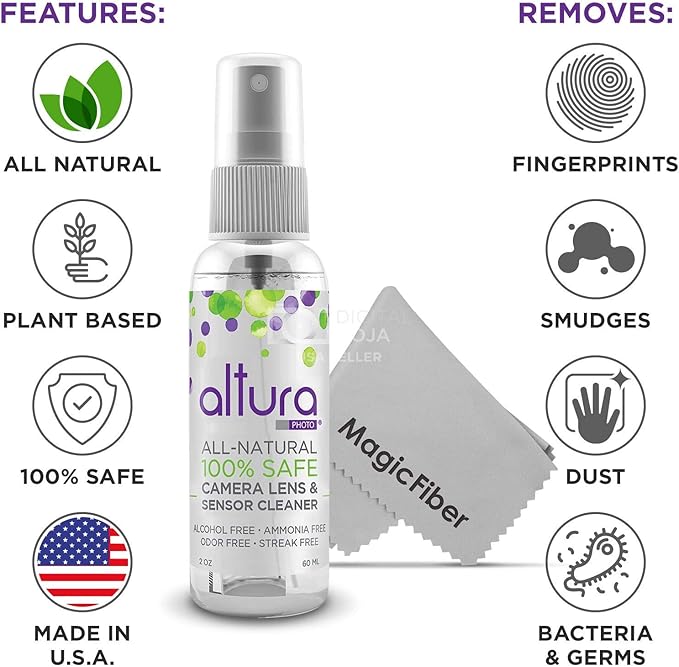Altura Photo Professional Camera Cleaning Kit for Full Frame DSLR & Mirrorless Cameras - Lens and Sensor Cleaner - Includes Case, Spray, Swabs, Blower, Brush, Tissue Paper