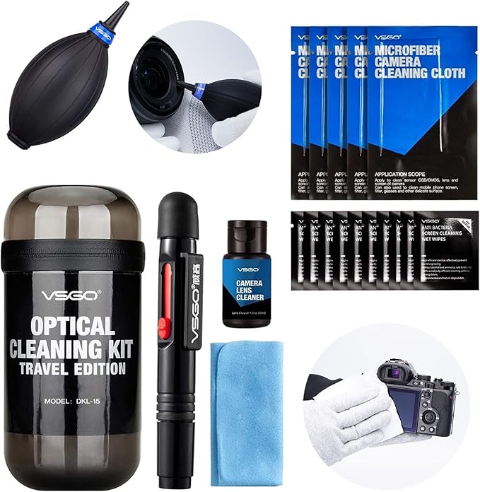 VSGO Professional Camera Lens Cleaning Kit for Canon, Nikon, Sony, Pentax DSLR Lenses - Includes Lens Pen, Air Blower, and Fluid (DKL-15D)