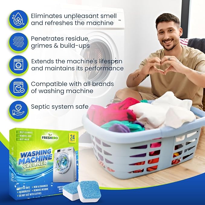 Washing Machine Cleaner Tablets – 24-Pack Deep Cleaning for Front Loader, Top Load & HE Washers – Helps Remove Odor-Causing Residues, Pet Hair & Hard Water Buildup – Septic Safe