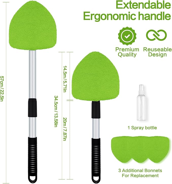 Windshield Cleaner Tool - Car Interior&Exterior Window Cleaning Kit with Extendable Handle & 4 Microfiber Pads and Thick Large Wash Sponge, Auto Glass Wiper Brush Kit for Cars Home (7pcs, Green)