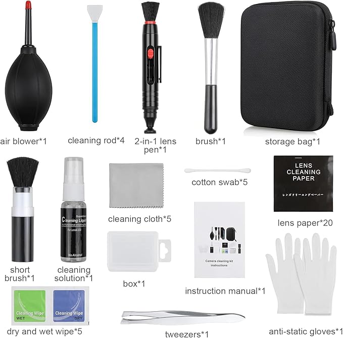 14-in-1 Camera Lens Cleaning Kit - Mirrorless & DSLR Sensor Cleaning Kit for Canon, Sony, Nikon Including Lens Blower, Detergent, Swabs, Cloth, Pen, Brush