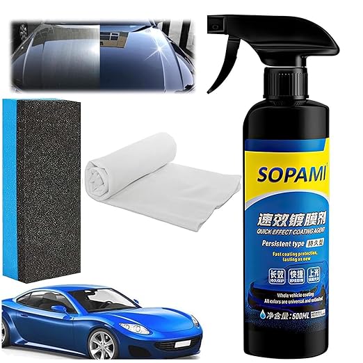 Sopami Car Coating Spray,17.6oz Quick Effect Coating Agent,Sopami Quickly Coat Car Wax,Sopami Car Scratch Wax Polish Spray Waterless Wash,Sopami Oil Film Emulsion Glass Cleaner(1PC+Sponge+Cloth)