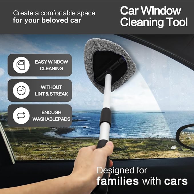 Windshield Cleaner Tool - Car Interior&Exterior Window Cleaning Kit with Extendable Handle & 4 Microfiber Pads and Thick Large Wash Sponge, Auto Glass Wiper Brush Kit for Cars Home (7pcs, Grey)