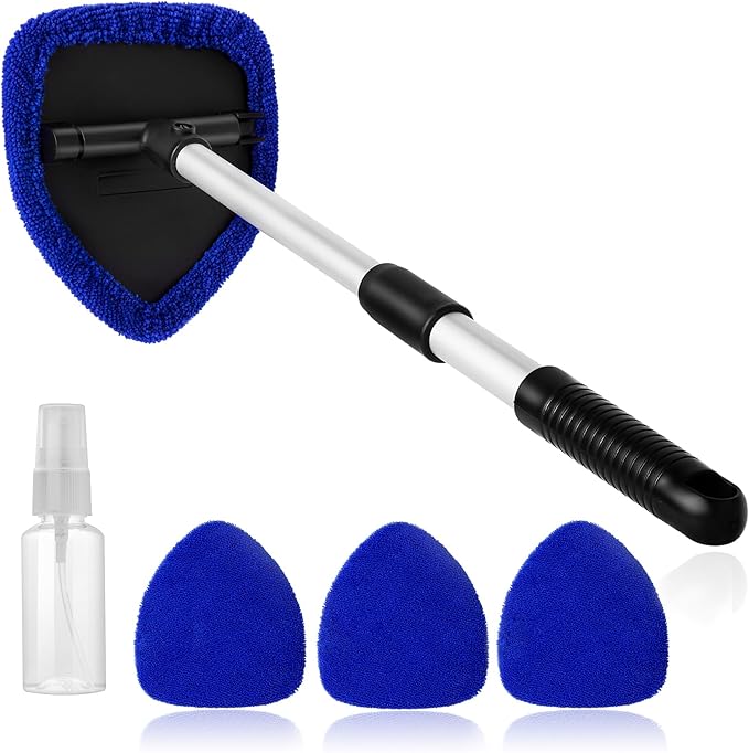 11pcs Windshield Cleaner Tool, Car Window Cleaning Wash Kit with 6 Reusable Microfiber Pads 2 Spray Bottles and Extendable Handles Auto Glass Wiper Kit, Blue & Green