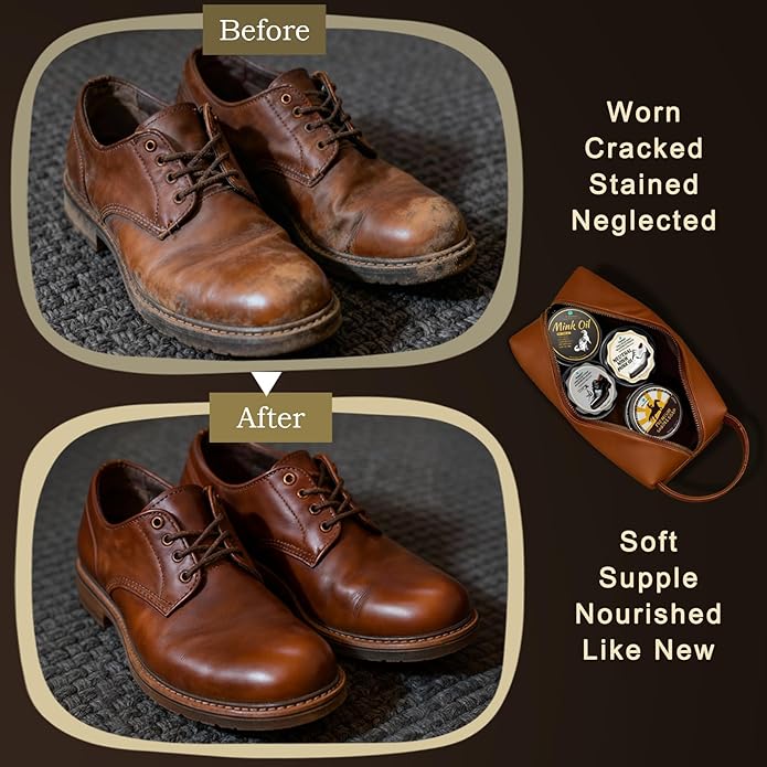 16-in-1 Shoe Polish Kit – Black/Brown/Neutral Shoe Wax, Saddle Soap & Mink Oil (5×2.1oz) – 3 Horsehair Brushes – Leather Shoe Shine & Care Kit in Luxury Leather Bag – Gift for Men & Women