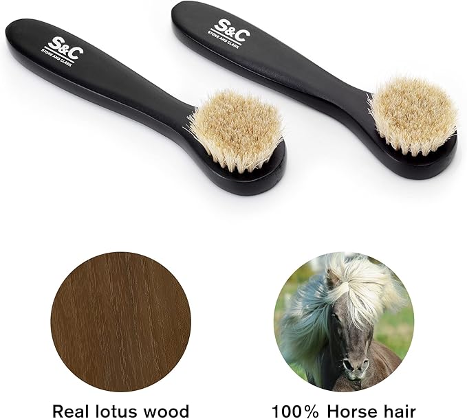 Premium Shoe Polish Brush Set - Horse Hair Brushes, Shoe Polish Applicator for Leather Footwear - Shoe Brushes for Cream & Polish - Made of White Horse Hair & Lotus Wood Handle