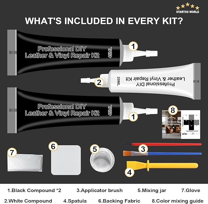 STARTSO WORLD Black Leather Repair Kit, Vinyl Repair kit for Car Interiors, Furniture, Couches, Car Seat, Sofa, Jacket and Purse, Restores Faux, Artificial, Genuine Pleather