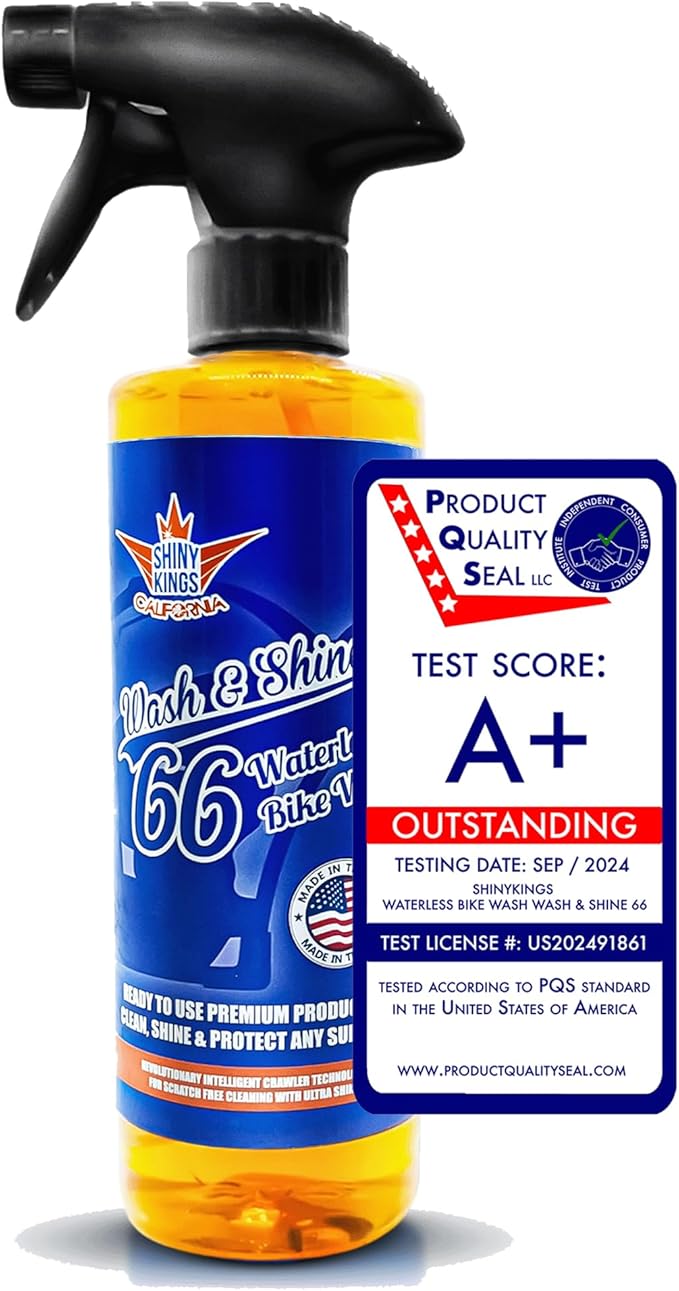 Shinykings California Wash&Shine 66 | WATERLESS Motorcycle Cleaner | Motorcycle and Car Wash&Wax | All Surfaces | Bike Polish | Chrome Cleaner | Multipurpose Detail Spray (16 fl.oz Orange)