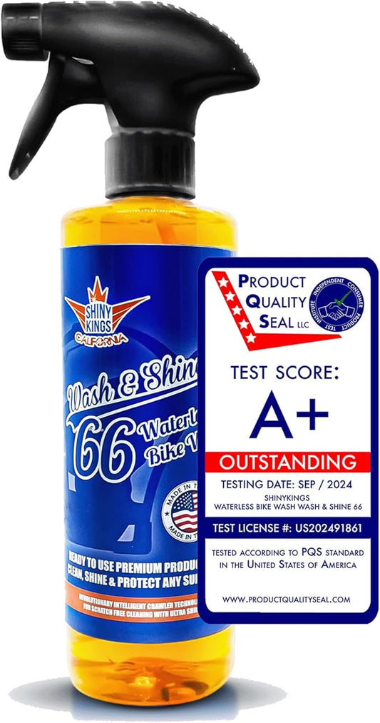 Shinykings California Wash&Shine 66 | WATERLESS Motorcycle Cleaner | Motorcycle and Car Wash&Wax | All Surfaces | Bike Polish | Chrome Cleaner | Multipurpose Detail Spray (16 fl.oz Orange)