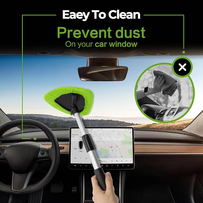 Windshield Cleaner Tool - Car Interior&Exterior Window Cleaning Kit with Extendable Handle & 4 Microfiber Pads and Thick Large Wash Sponge, Auto Glass Wiper Brush Kit for Cars Home (7pcs, Green)