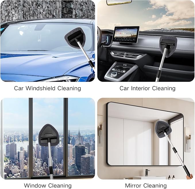 11pcs Windshield Cleaner Tool, Car Window Cleaning Wash Kit with 6 Reusable Microfiber Pads 2 Spray Bottles and Extendable Handles Auto Glass Wiper Kit, Gray