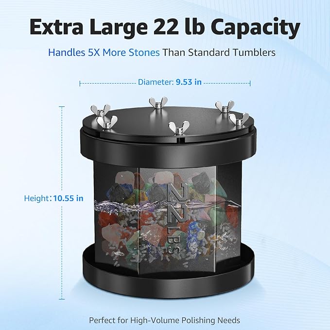 Extra Large 22LB Capacity Professional Rock Tumbler with Brushless Motor & Metal Base – Heavy-Duty Stone Polisher for Adults, Long-Term Use, Workshops & Serious Collectors
