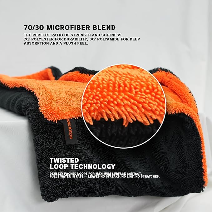 X- Large Car Drying Towel, 36x24 Microfiber Towels for Cars, 1300 GSM, 70/30 Blend, Dual-Sided Highly Absorbent Twisted-Loop Edgeless Car Detailing Cloth, Scratch/Streak-Free [Orange/Black]