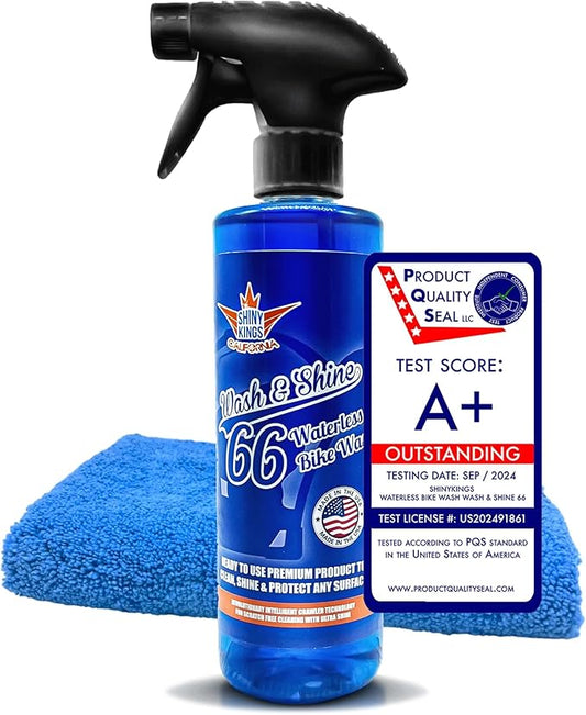 Shinykings Wash&Shine 66 WATERLESS Motorcycle Cleaner | Made in USA | Ultra Shine Effect | Detailing Wash Spray for All Surfaces | 16 fl.oz