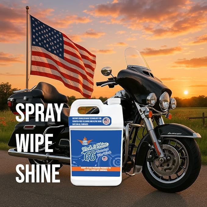 Shinykings Motorcycle Cleaner Wash&Shine 66 | WATERLESS BIke Wash with Ultra Shine Finish | Powerful Motorcycle Detailing Spray for All Surfaces | Bike Cleaner California | 1 Gallon