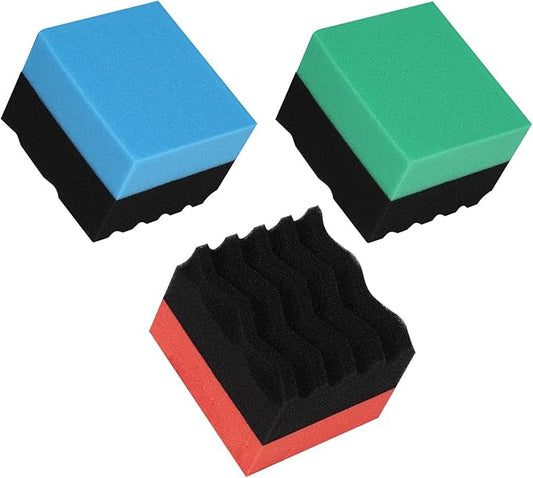 3 Pack Large Tire Dressing Applicator Pads, Wavy Contour Polish Sponge for Applying Shine, Wet, Gel, Or Balm (Red, Green, Blue)