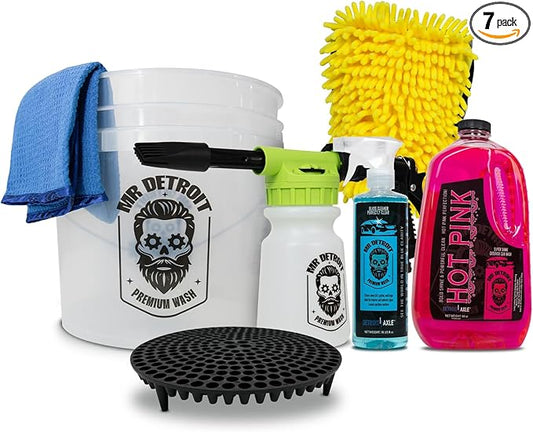 Mr. Detroit - 7pc Car Wash Kit Foam Blaster Bucket w/Filter Chenille Car Wash Glove Glass Towel, 64oz Car Soap, 16oz Glass Cleaner, Perfect Auto Detailing Gift for Car Lovers & DIYers