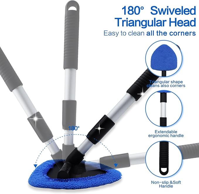 Windshield Cleaner Tool - Car Interior&Exterior Window Cleaning Kit with Extendable Handle & 4 Microfiber Pads and Thick Large Wash Sponge, Auto Glass Wiper Brush Kit for Cars Home (7pcs, Blue)