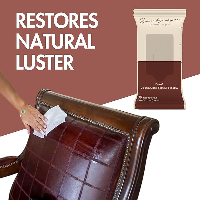 Swanky Leather Wipes - Leather Cleaner and Conditioner for Purses, Shoes, Furniture Polish & Car Seats, Prevents Fading & Cracking, Restores Softness & Shine - Soft Wipes, 30 Count