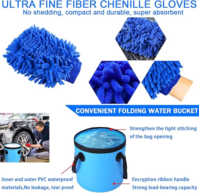 YILAIRIOU Car Wash Kit Cleaning Kits with Foam Gun Sprayer Bucket Towels Tire Brush Wash Mitt Sponge Duster Brush Car Wash Detailing Kit is Complete Car Care Tools