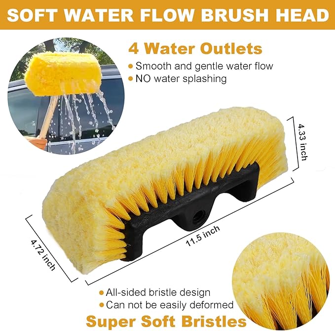 70" RV Wash Brush with Long Handle and 12" Soft Bristle Brush Head, Water Flow-Thru Truck Washing Brush with Hose Attachment for Cleaning Car, SUV, Boat, Camper, House Siding and Solar Panels