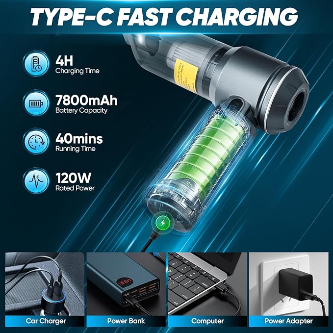 17500Pa Cordless Handheld Car Vacuum 4-in-1 Mini Vacuum Cleaner with LED Display 40min Runtime Multi Nozzles Rechargeable and Portable for Home,Office,Outdoor (Grey)