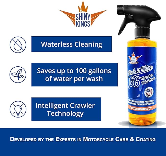 Shinykings California Wash&Shine 66 | WATERLESS Motorcycle Cleaner | Motorcycle and Car Wash&Wax | All Surfaces | Bike Polish | Chrome Cleaner | Multipurpose Detail Spray (16 fl.oz Orange)