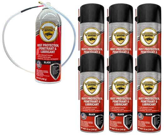 woolwax 12 Oz Undercoating Protection Aerosol Spray Can Black 6 Pack, Rust Inhibitor and Prevention, Anti Corrosion Multi Purpose Penetrant and Lubricant, Spray Can Extension Wand Included