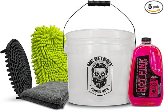 Mr. Detroit - 5pc Car Wash Kit with 64oz Car Soap, Bucket with Filter, Double Noodle Wash Mitt and Drying Towel, Streak-Free Exterior Cleaner Scratch-Free Cleaning for Auto & Home Detailing