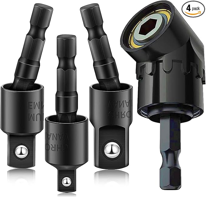 105 Degree Right Angle Drill Adapter Set, 1/4-1/2 Inch Socket Adapters, 4-in-1 Impact Grade Extension Kit with 360° Rotation for Household Workplace Industry