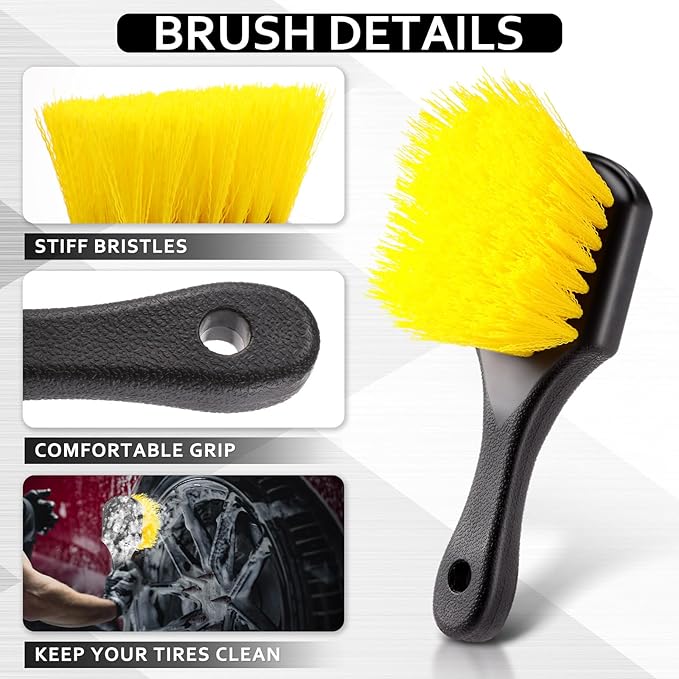 Vesici 2 Pcs 10 Inch Car Wash Brush Head with Soft Detailing Bristle Flow Through Car Cleaning Brush with 1 Pcs Stiff Bristle Wheel Brushes for Car Motorboat Rv Facades of Houses Wheel Carpet (Yellow)