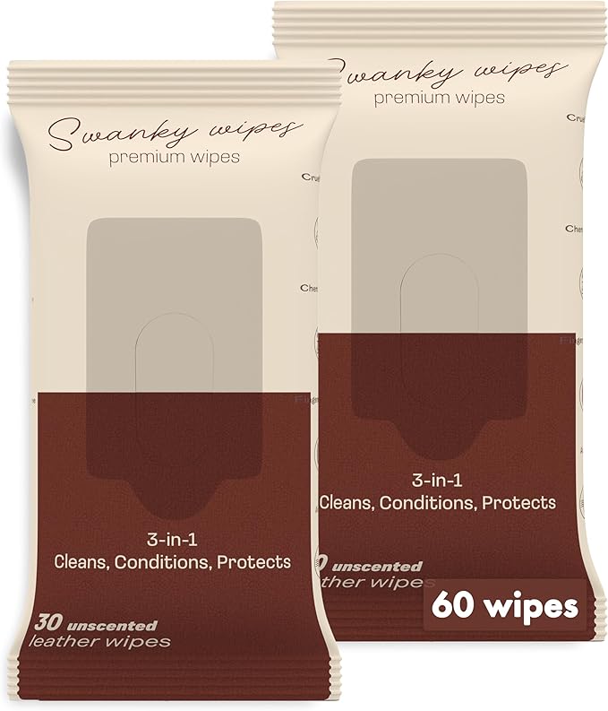 Swanky Leather Wipes - Leather Cleaner and Conditioner for Purses, Shoes, Furniture Polish & Car Seats, Prevents Fading & Cracking, Restores Softness & Shine - Soft Wipes, 60 Count