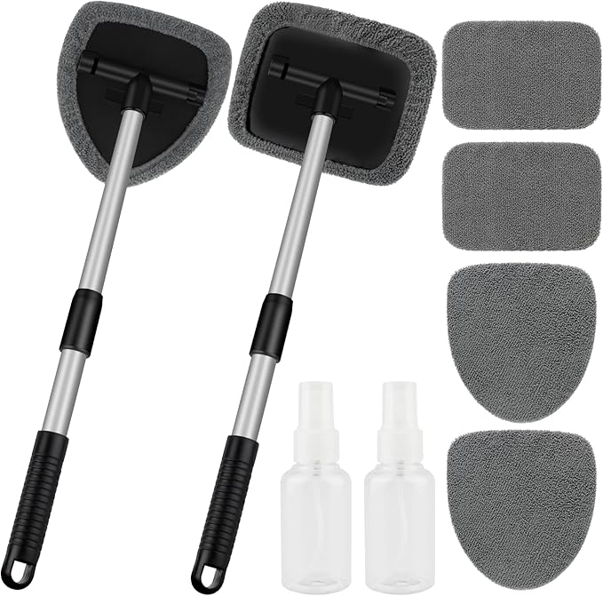 Windshield Cleaner Tool, Car Interior Window Cleaning Tool, Car Wash kit with 4 Reusable Microfiber Pads, 2 Extendable Handle and 2 Spray Bottles, Glass Wiper Kit for Windshield, Home Windows