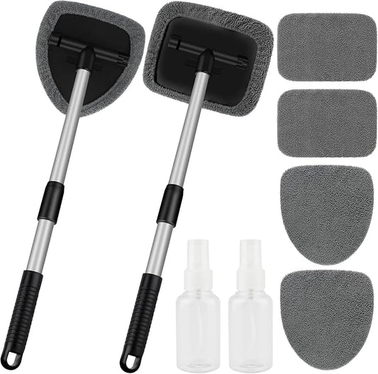 Windshield Cleaner Tool, Car Interior Window Cleaning Tool, Car Wash kit with 4 Reusable Microfiber Pads, 2 Extendable Handle and 2 Spray Bottles, Glass Wiper Kit for Windshield, Home Windows