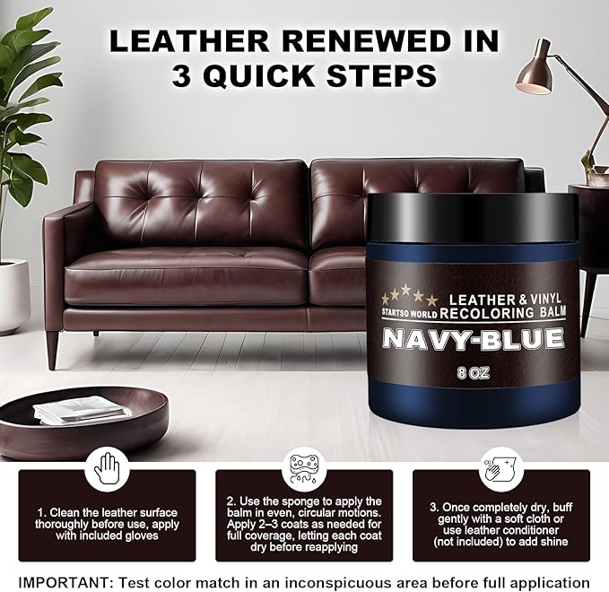 STARTSO WORLD Leather Recoloring Balm, Navy Blue Leather Repair Kit for Furniture, Leather Dye, Leather Color Restorer for Couches, Leather Couch Paint | Repair, Restore & Renew Old, Faded Leather
