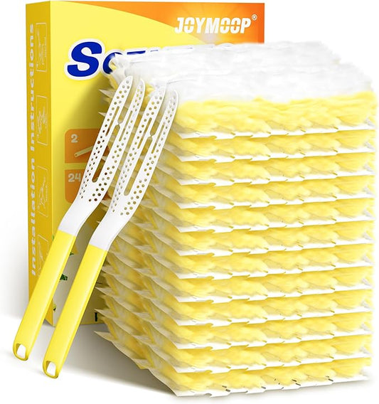 JOYMOOP Disposable Electrostatic Duster for Cleaning, with 2 Handles & 24 Ct Yellow Heavy Duty Refills for Swiffer Feather Duster, Household Cleaning Tool for Electronics, Dusting Furniture, Blinds