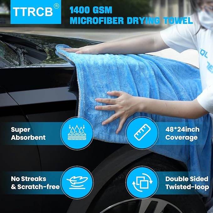 TTRCB 2 Pack Car Drying Towels, 48" x 24" Extra Large Microfiber Towels for Cars, 1400 GSM Ultra-Absorbent, Streak Free, Premium Double Twisted-Loop Drying Towels Car Detailing for SUV, RV, Truck