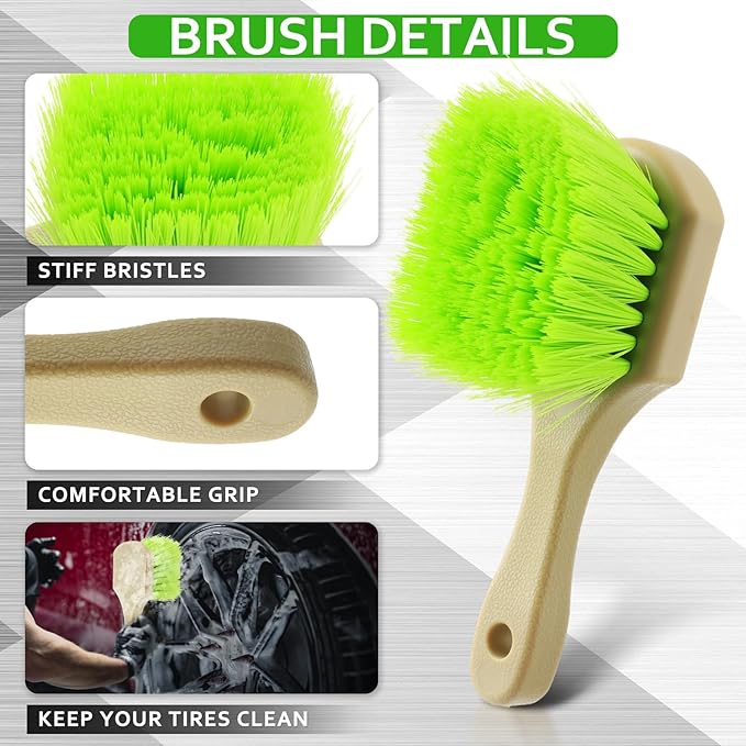 Vesici 2 Pcs 10 Inch Car Wash Brush Head with Soft Detailing Bristle Flow Through Car Cleaning Brush with 1 Pcs Stiff Bristle Wheel Brushes for Motorboat Rv Facades of Houses Wheel Carpet (Green)