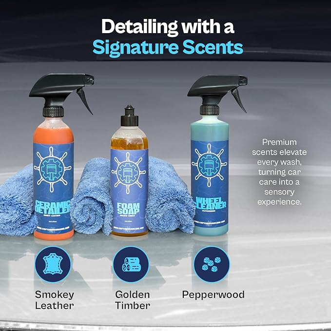 Captain's Car Care Exterior Cleaning Trio Kit, Foam Soap, Ultra HD Wheel Cleaner, 6 Month Ceramic Protection Spray, 3-Step Car Care System, Premium Scented Formulas, for Cleaning and Protection.