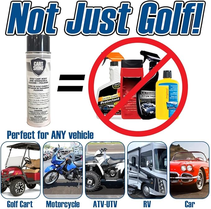 Club Clean Cart Shine, Golf Cart Body Windshield Cleaner Plus Polisher - Hard Water Shield, Removes Hard Water Stains - Battery Acid Shield, Grease Spray, Lubricates & Rust Proofs - Trim & Tire Shield